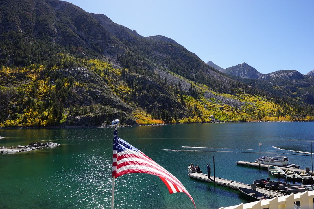 American Flag at June Lake Boat Dock Eastern Sierra CA