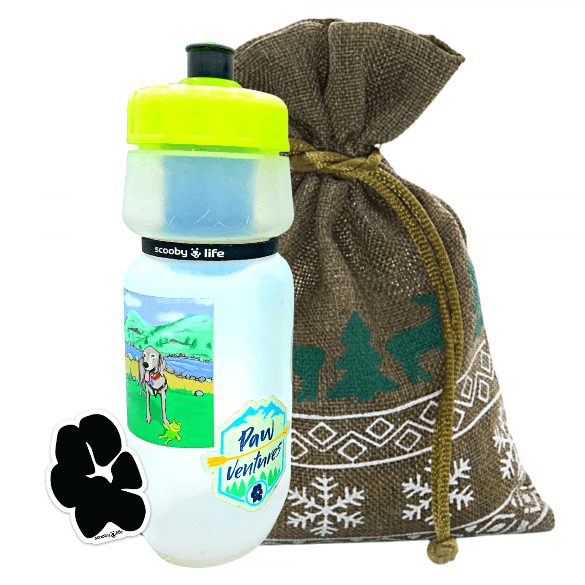 Scoobylife PawVentures Filtered Water Bottle 3 Stickers Green Faux Jute Bag